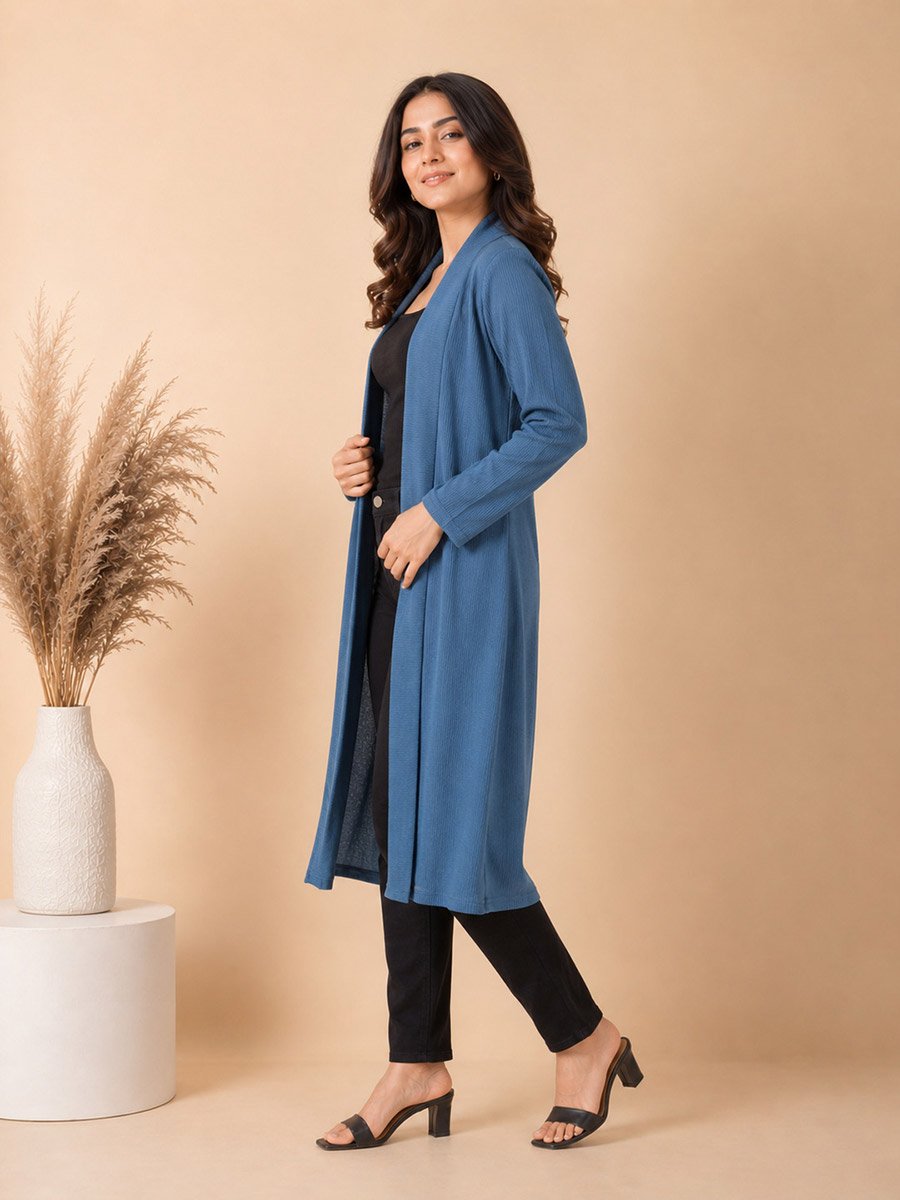 Medium Blue Solid Longline Open Front Shrug
