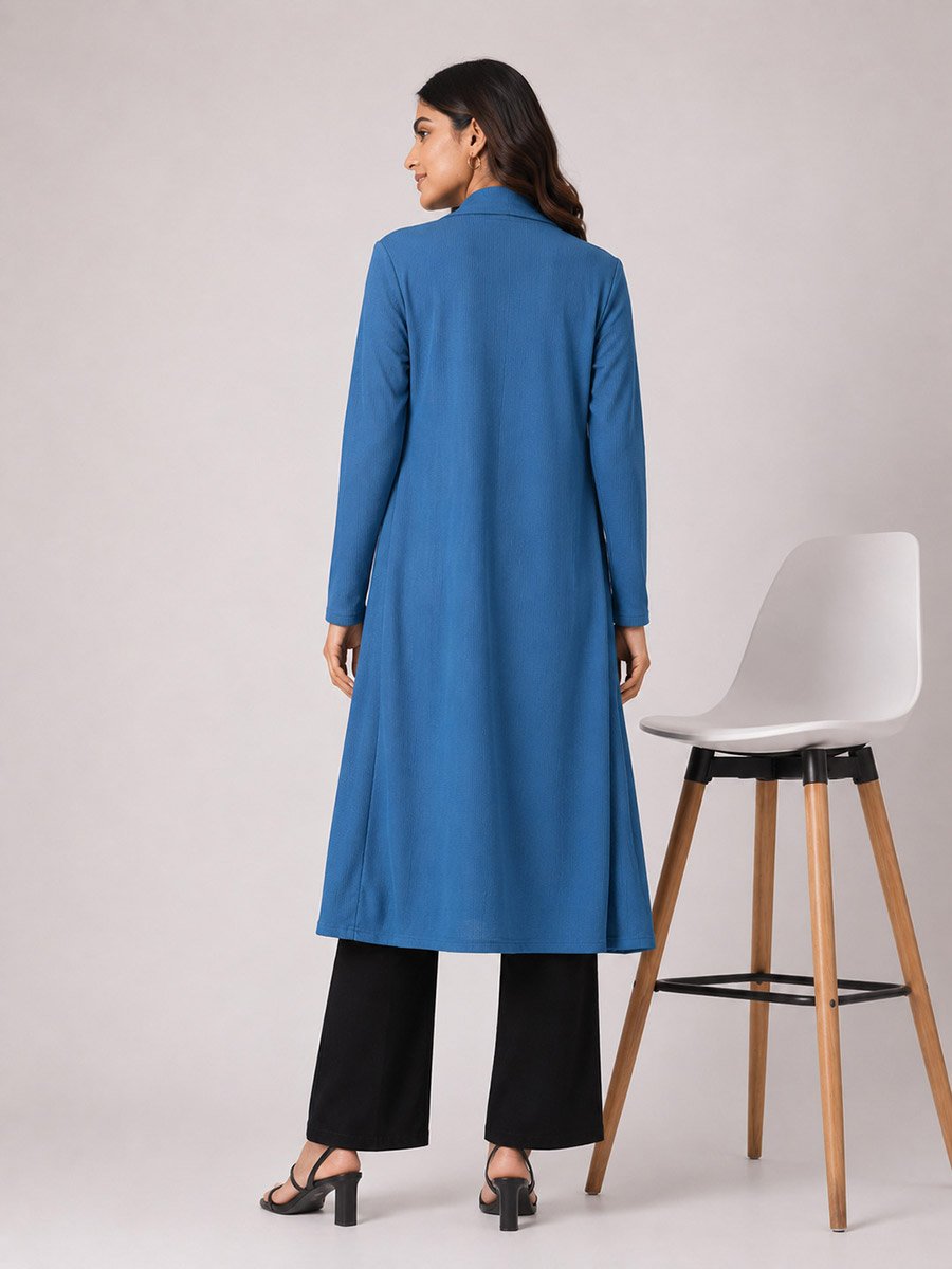 Blue Solid Longline Open Front Shrug