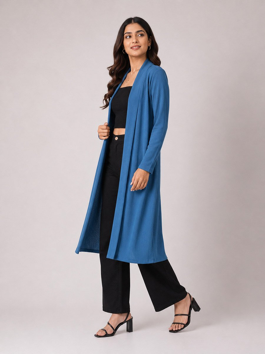 Blue Solid Longline Open Front Shrug