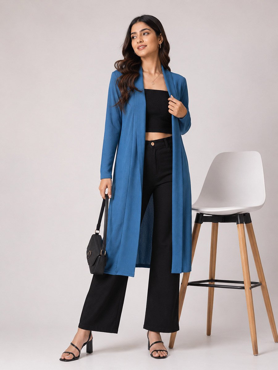 Blue Solid Longline Open Front Shrug