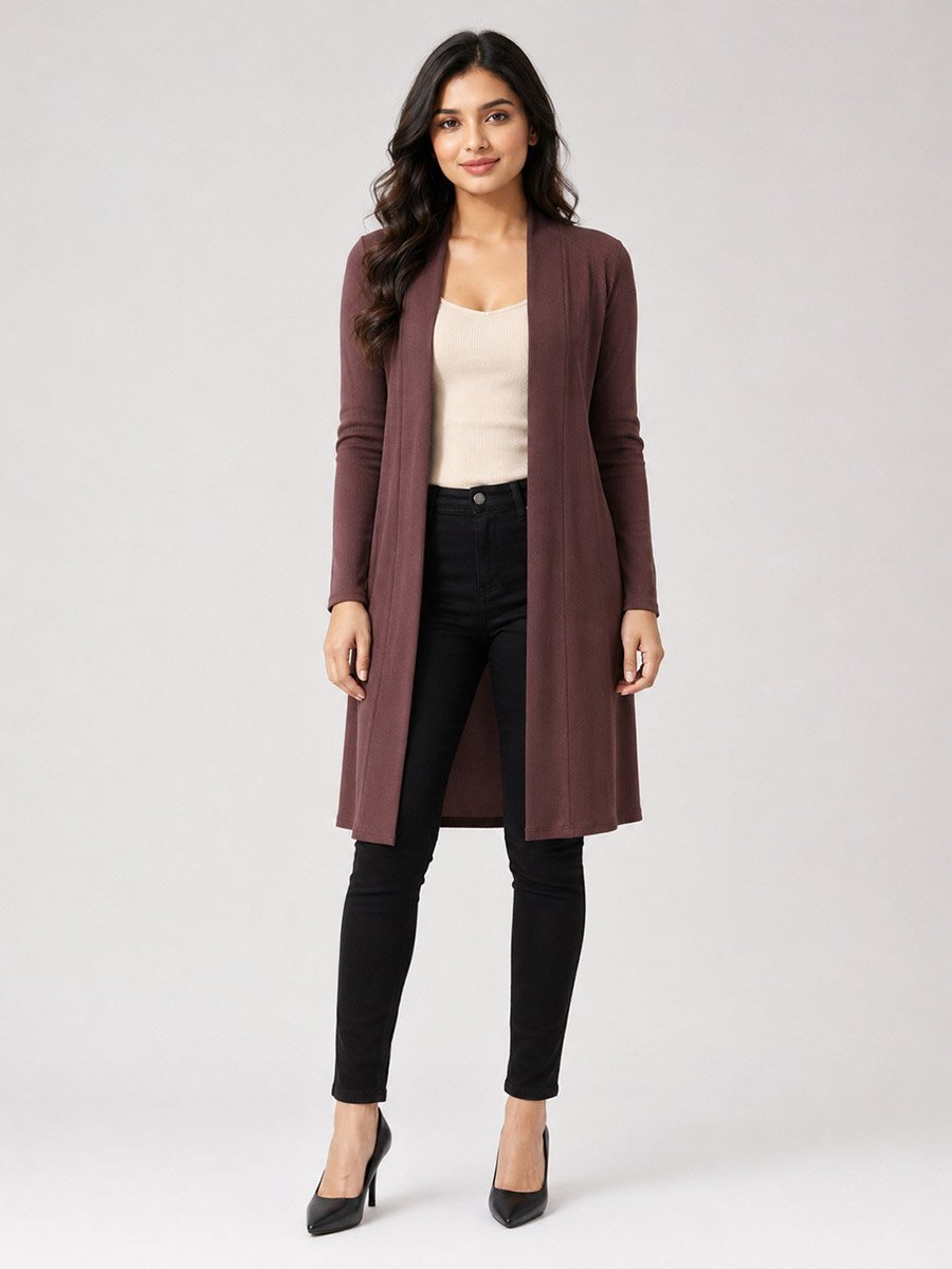 Brown Solid Ribbed Longline Open Front Shrug