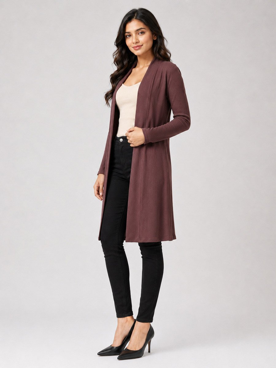 Brown Solid Ribbed Longline Open Front Shrug