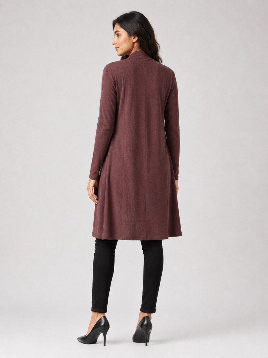 Brown Solid Ribbed Longline Open Front Shrug