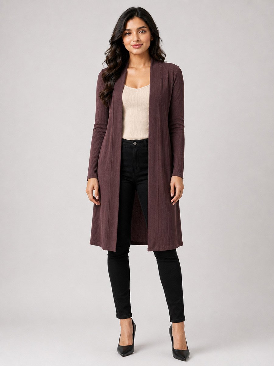 Brown Solid Ribbed Longline Open Front Shrug