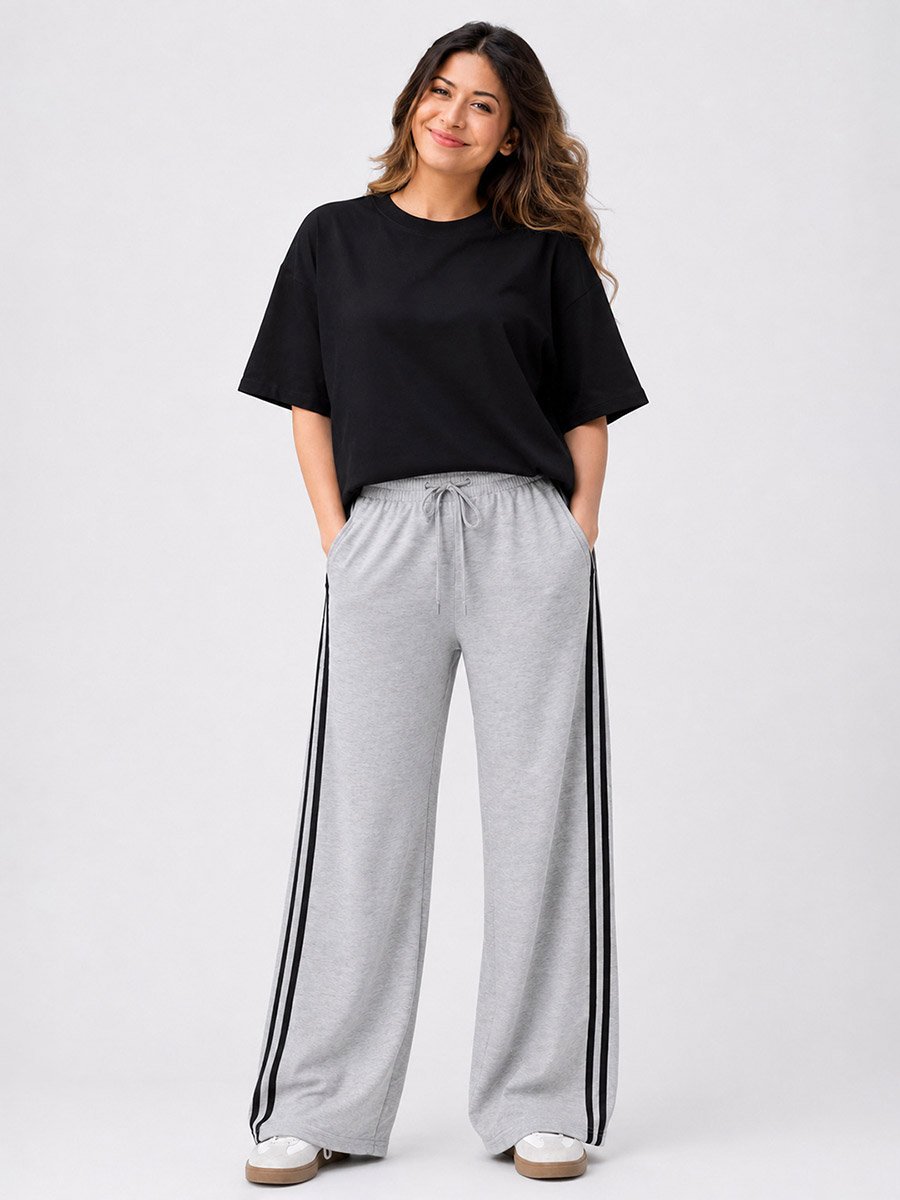 Grey Side Stripe Wide Leg Joggers