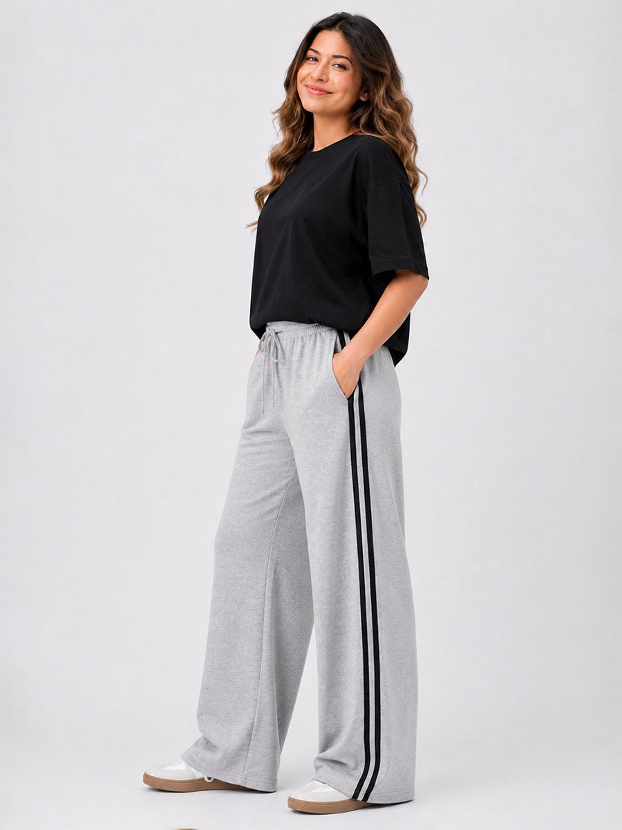 Grey Side Stripe Wide Leg Joggers