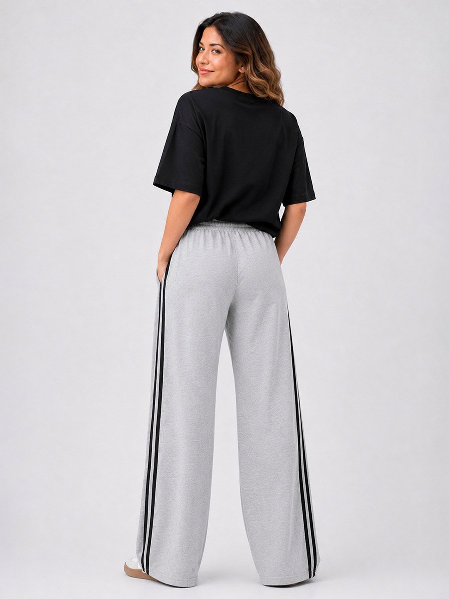 Grey Side Stripe Wide Leg Joggers