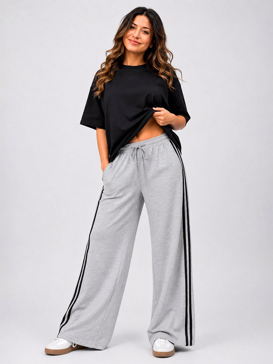 Grey Side Stripe Wide Leg Joggers