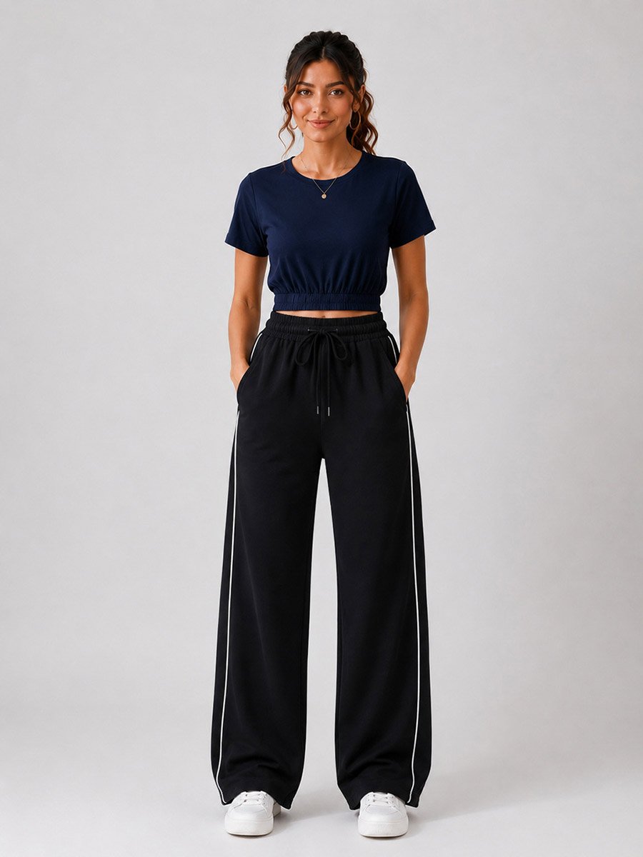 Black High Rise Contrast Piping Wide Leg Joggers
