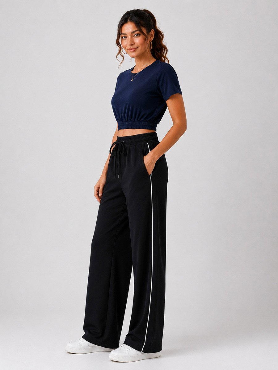 Black High Rise Contrast Piping Wide Leg Joggers