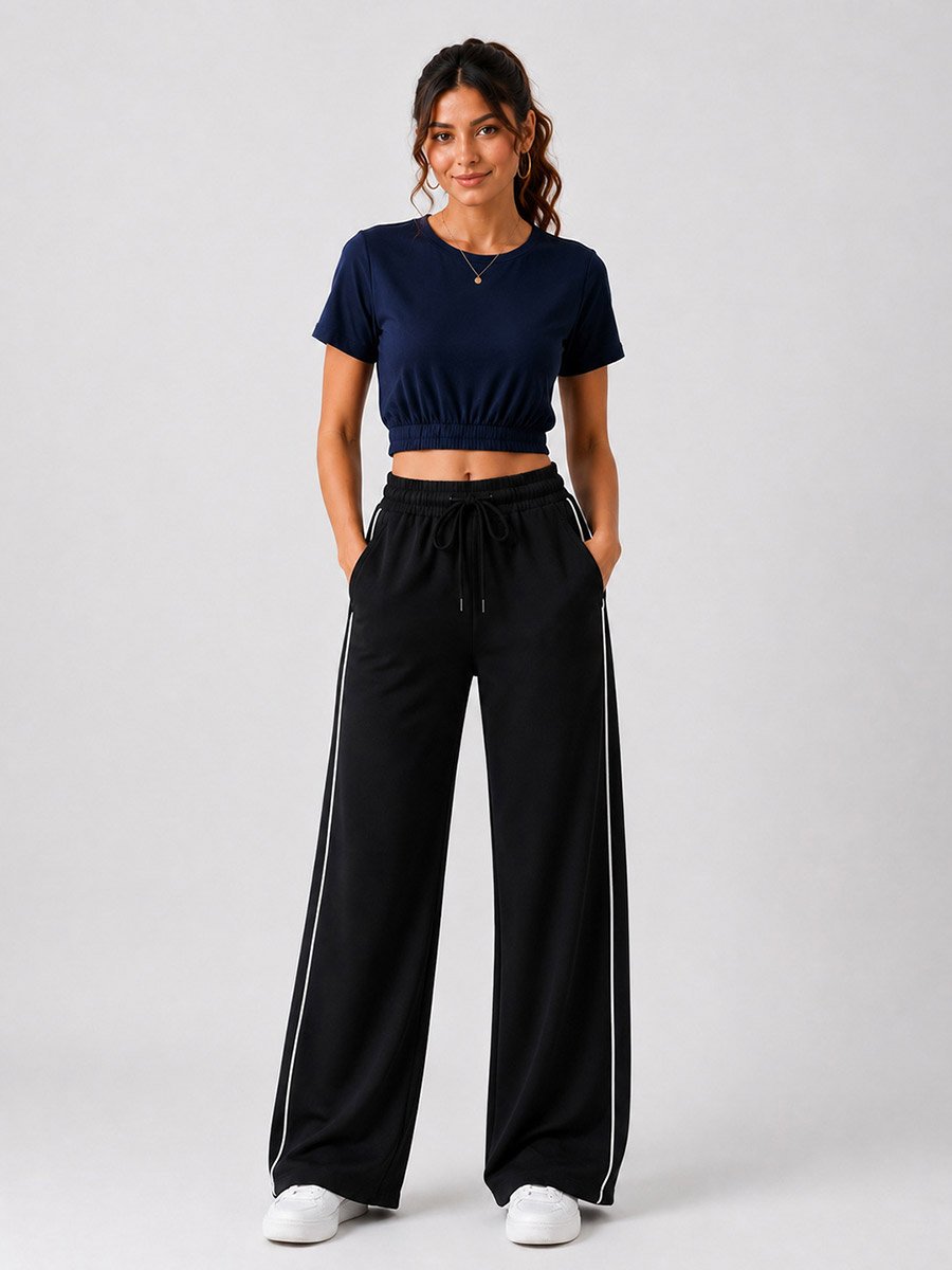 Black High Rise Contrast Piping Wide Leg Joggers