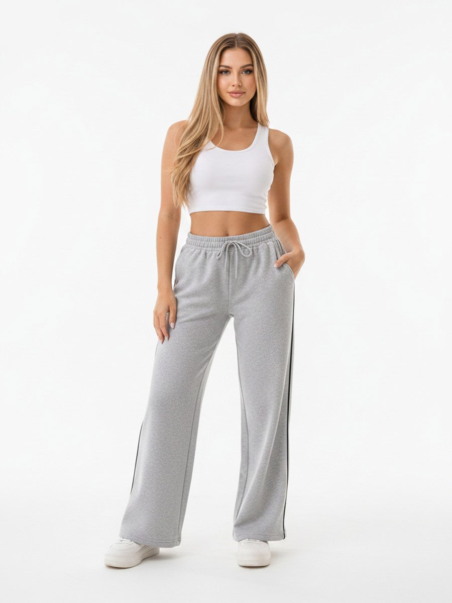Grey Contrast Piping Detail Wide Leg Joggers