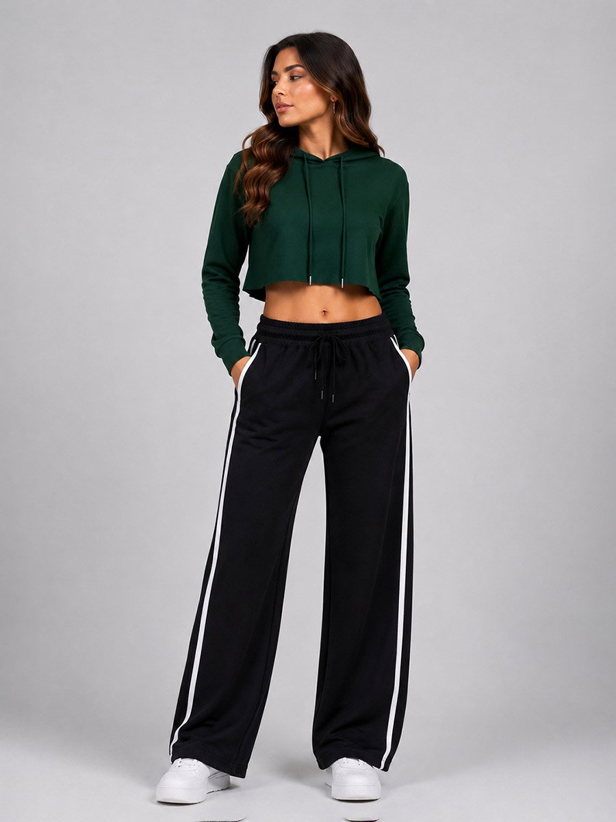 Black Wide Leg Track Joggers with Side Stripe