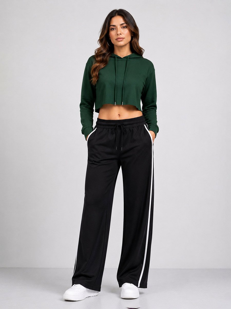 Black Wide Leg Track Joggers with Side Stripe