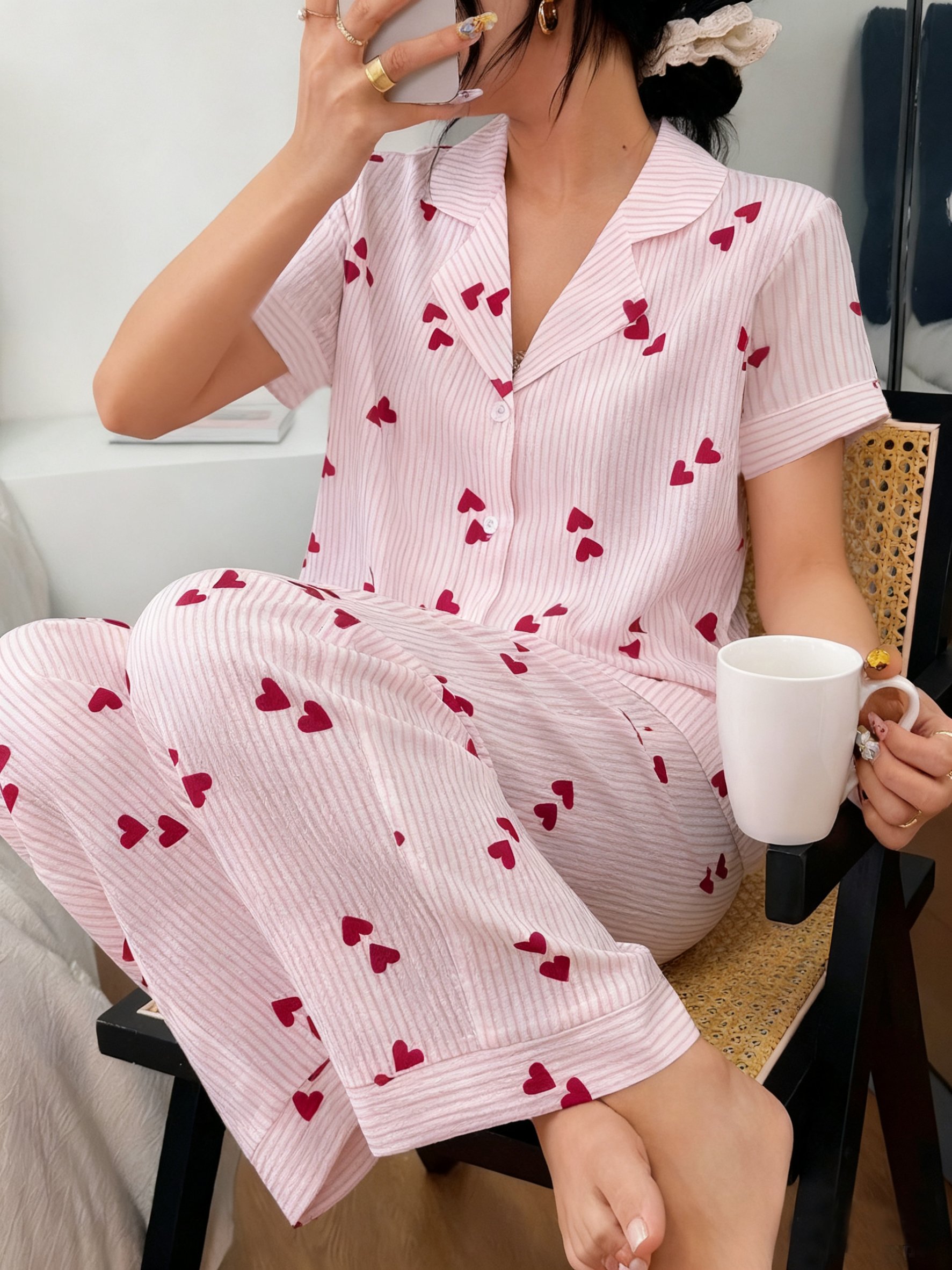 Heart Print Collared Short Sleeve Pajama Set