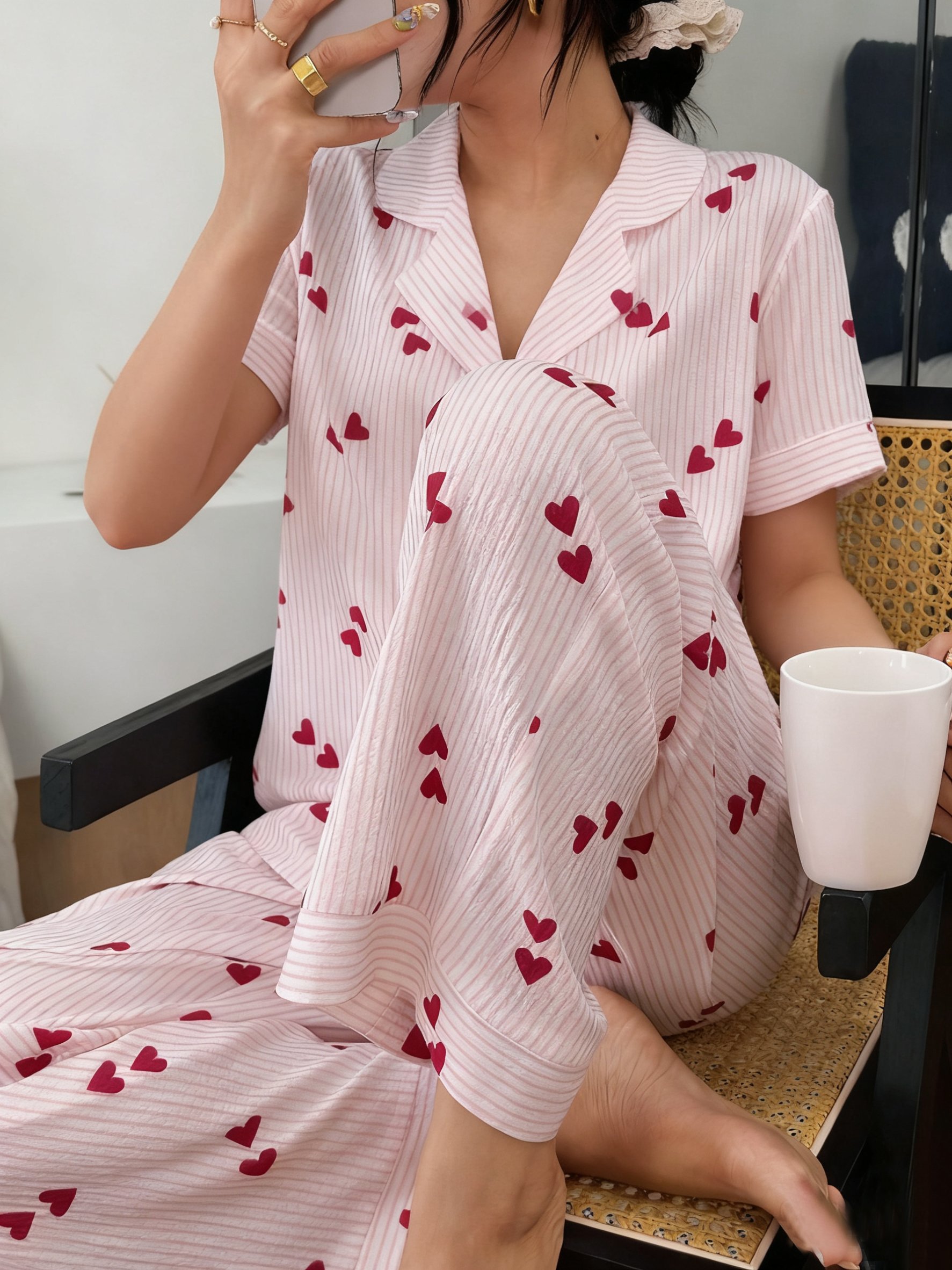 Heart Print Collared Short Sleeve Pajama Set