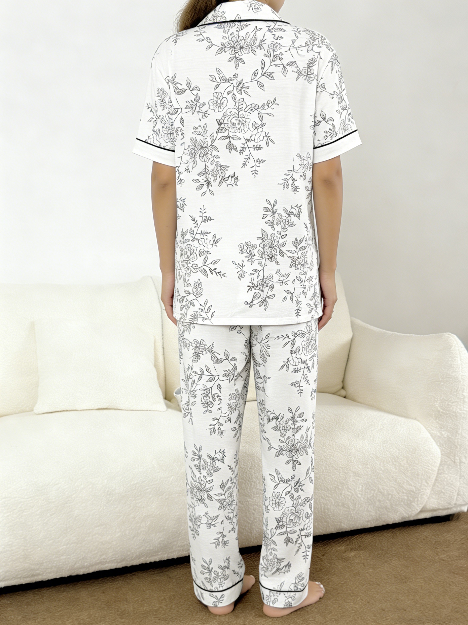 Floral Print Collared Pyjama Set - Relaxed Fit Short Sleeve
