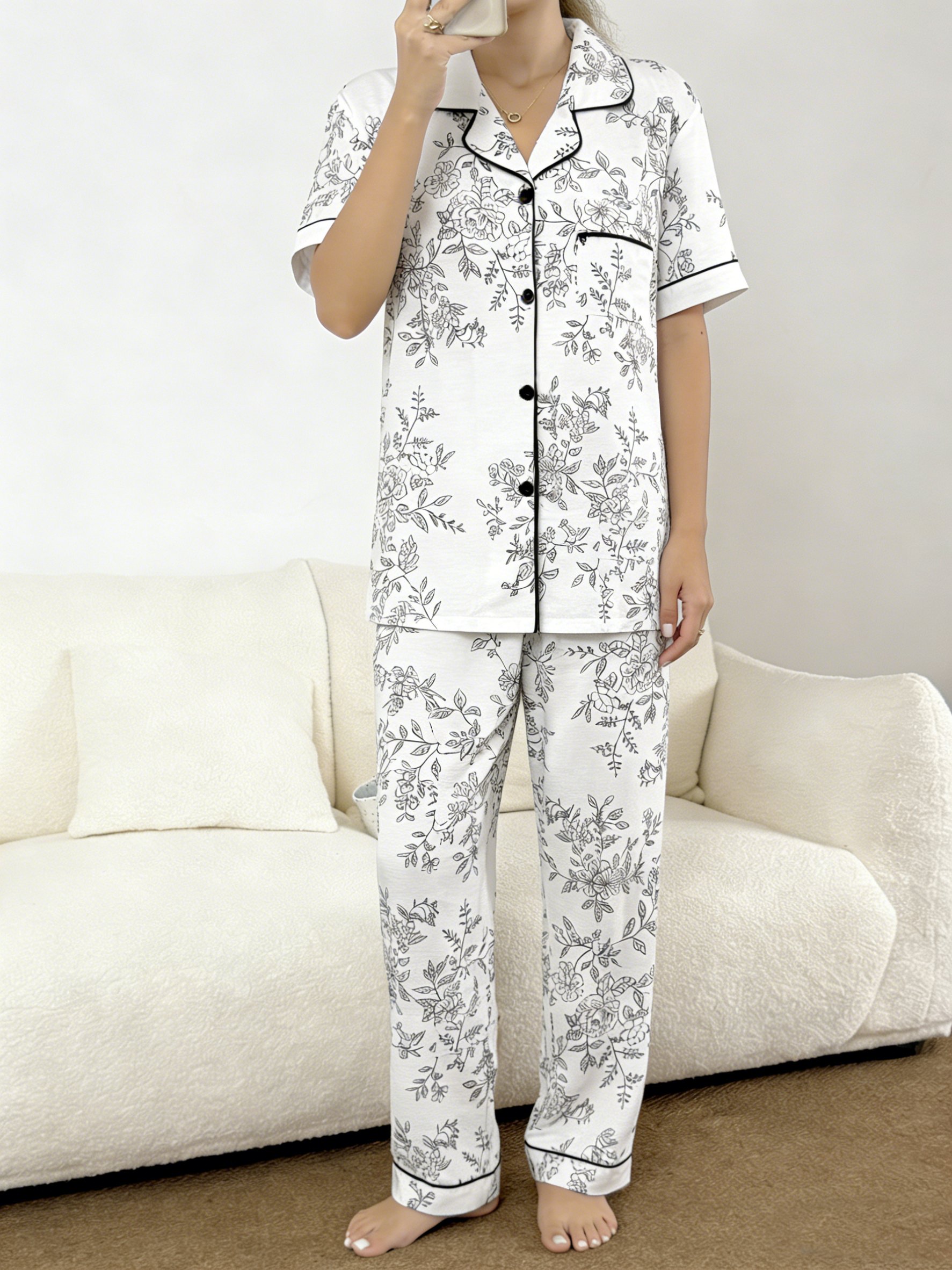 Floral Print Collared Pyjama Set - Relaxed Fit Short Sleeve
