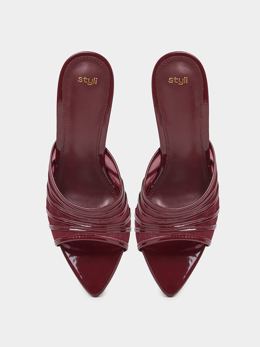 Burgundy Mesh High Heel Mules
