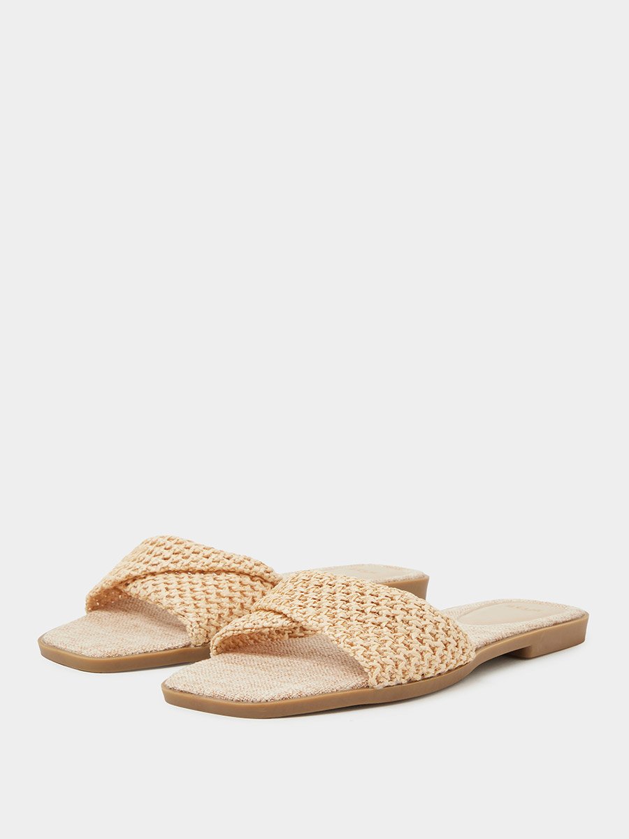 Beige Weave Pattern Open Toe Flat Sandals