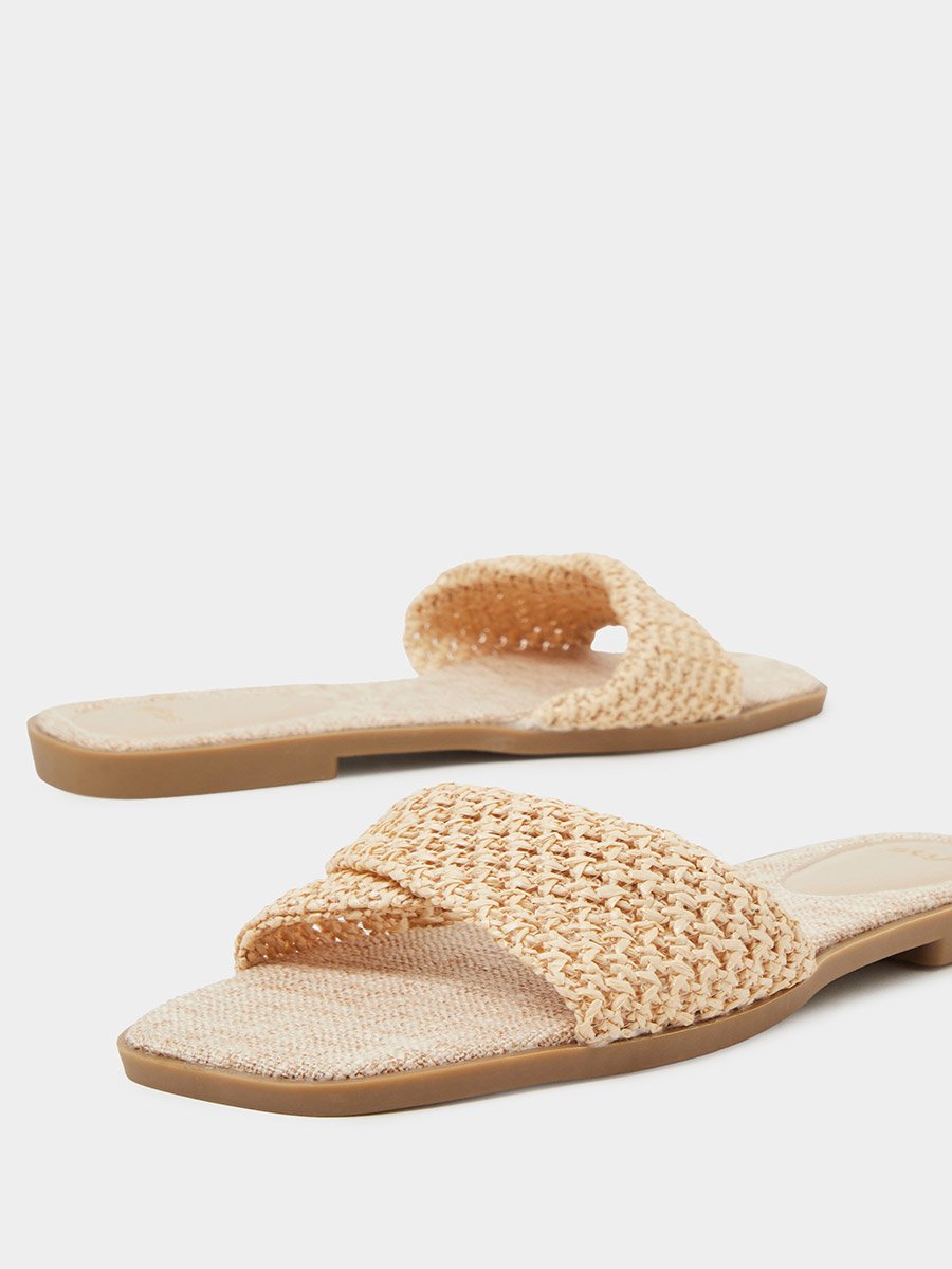 Beige Weave Pattern Open Toe Flat Sandals
