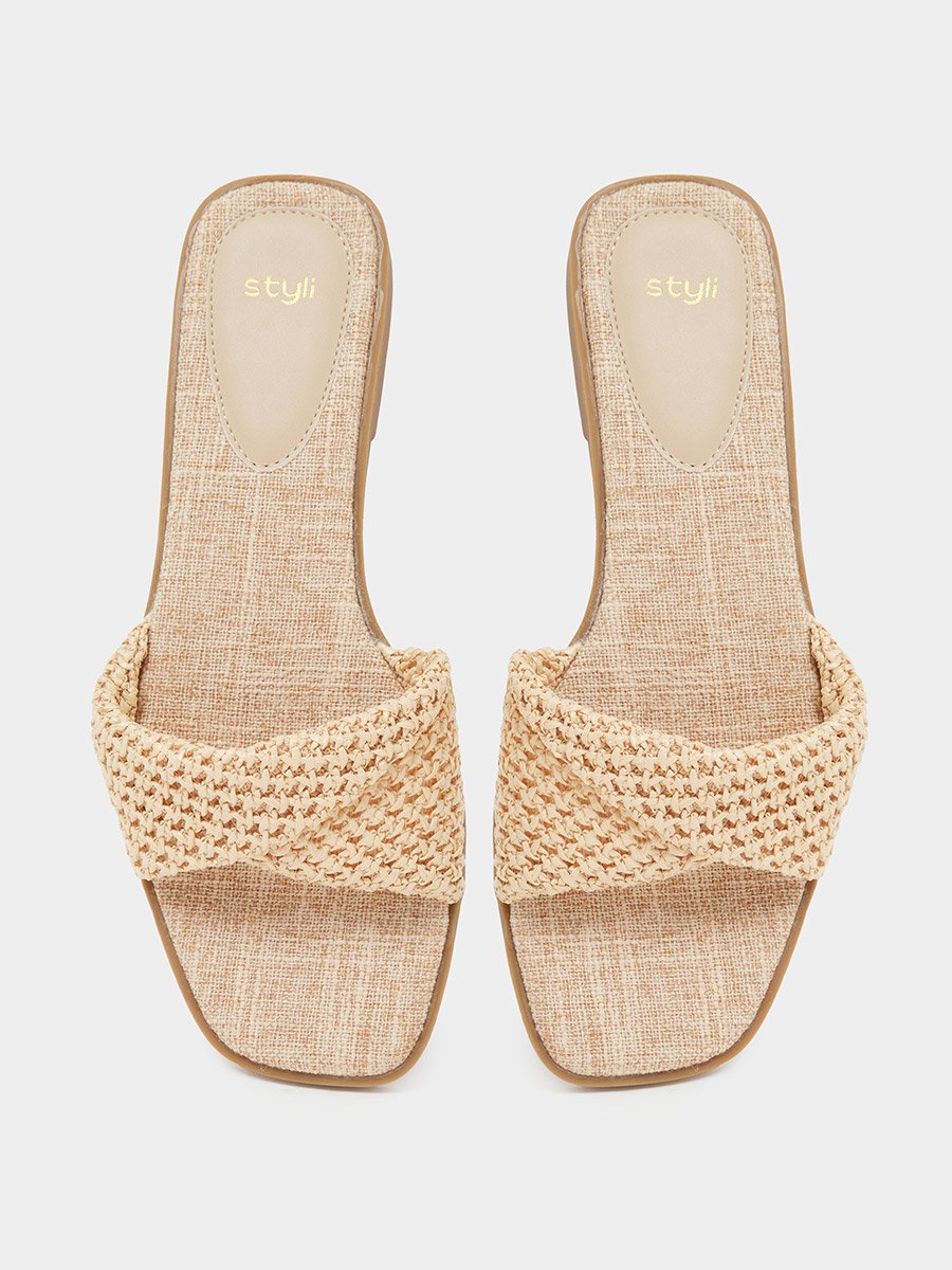 Beige Weave Pattern Open Toe Flat Sandals