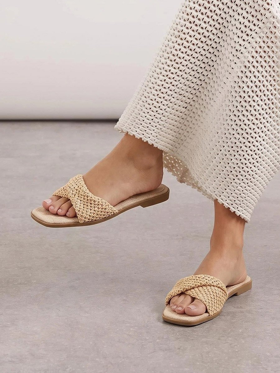 Beige Weave Pattern Open Toe Flat Sandals