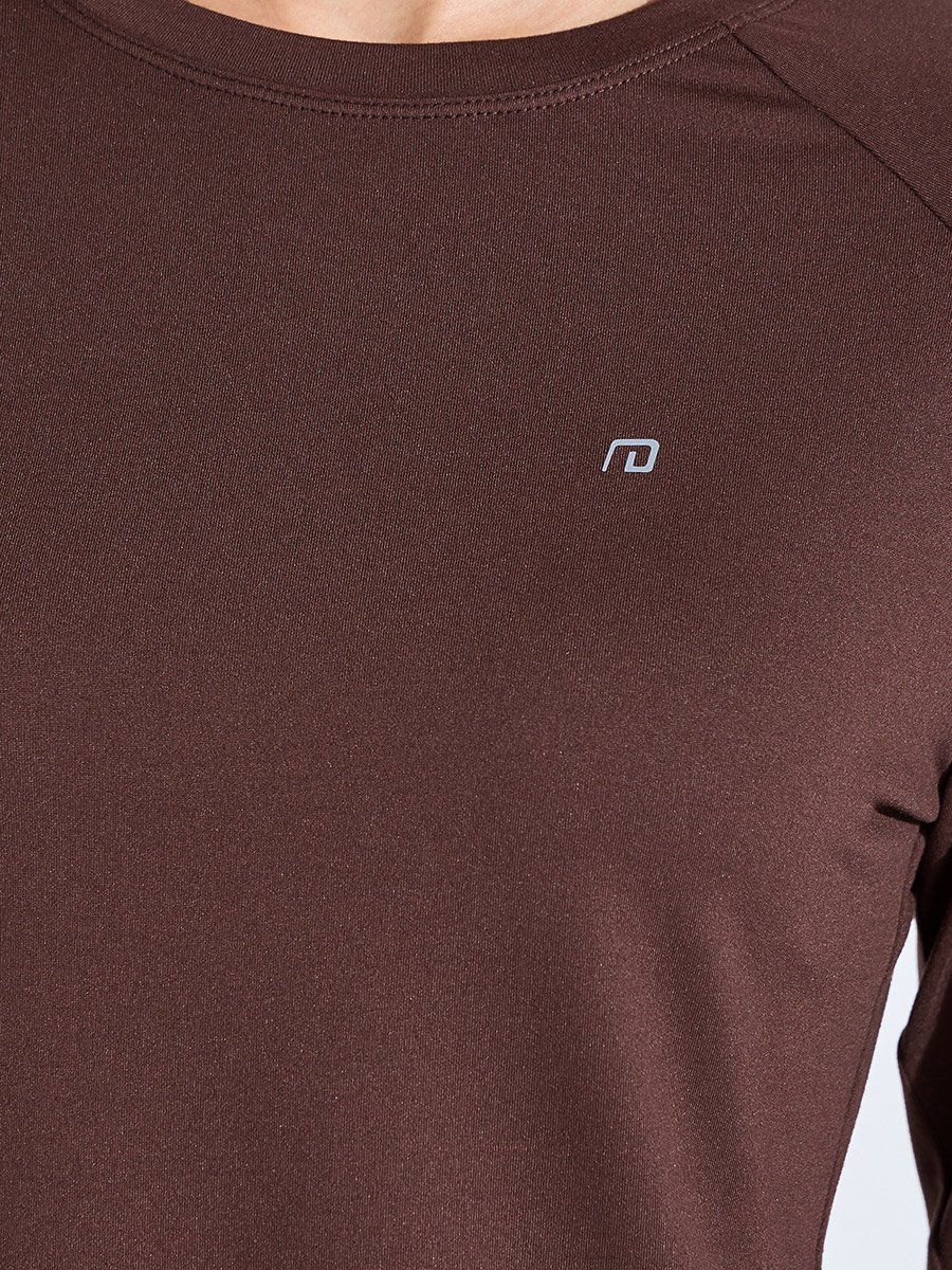 Brown Solid Long Sleeve Activewear Top