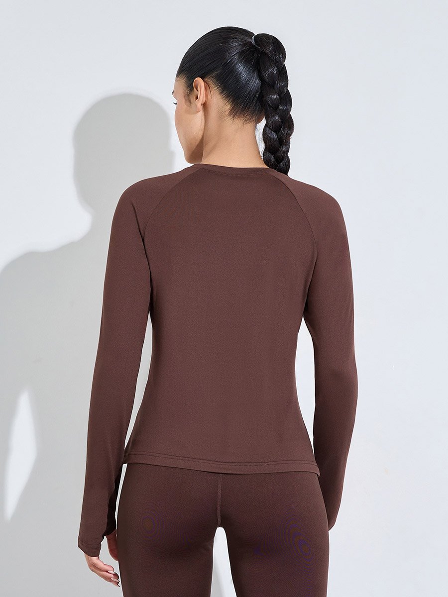 Brown Solid Long Sleeve Activewear Top