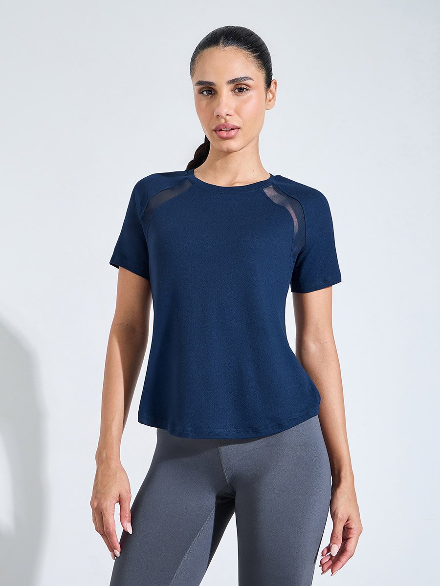 Navy Blue Solid Activewear Top with Mesh Panels