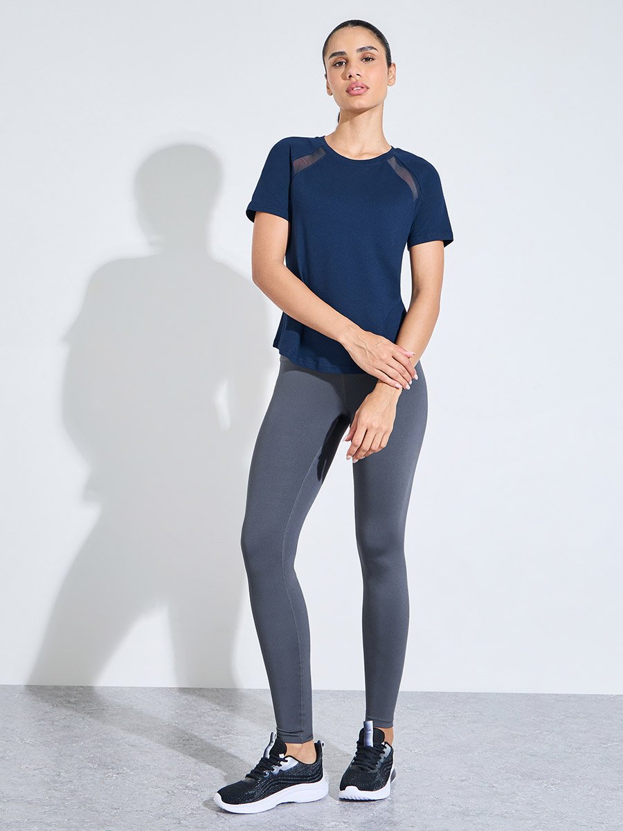 Navy Blue Solid Activewear Top with Mesh Panels