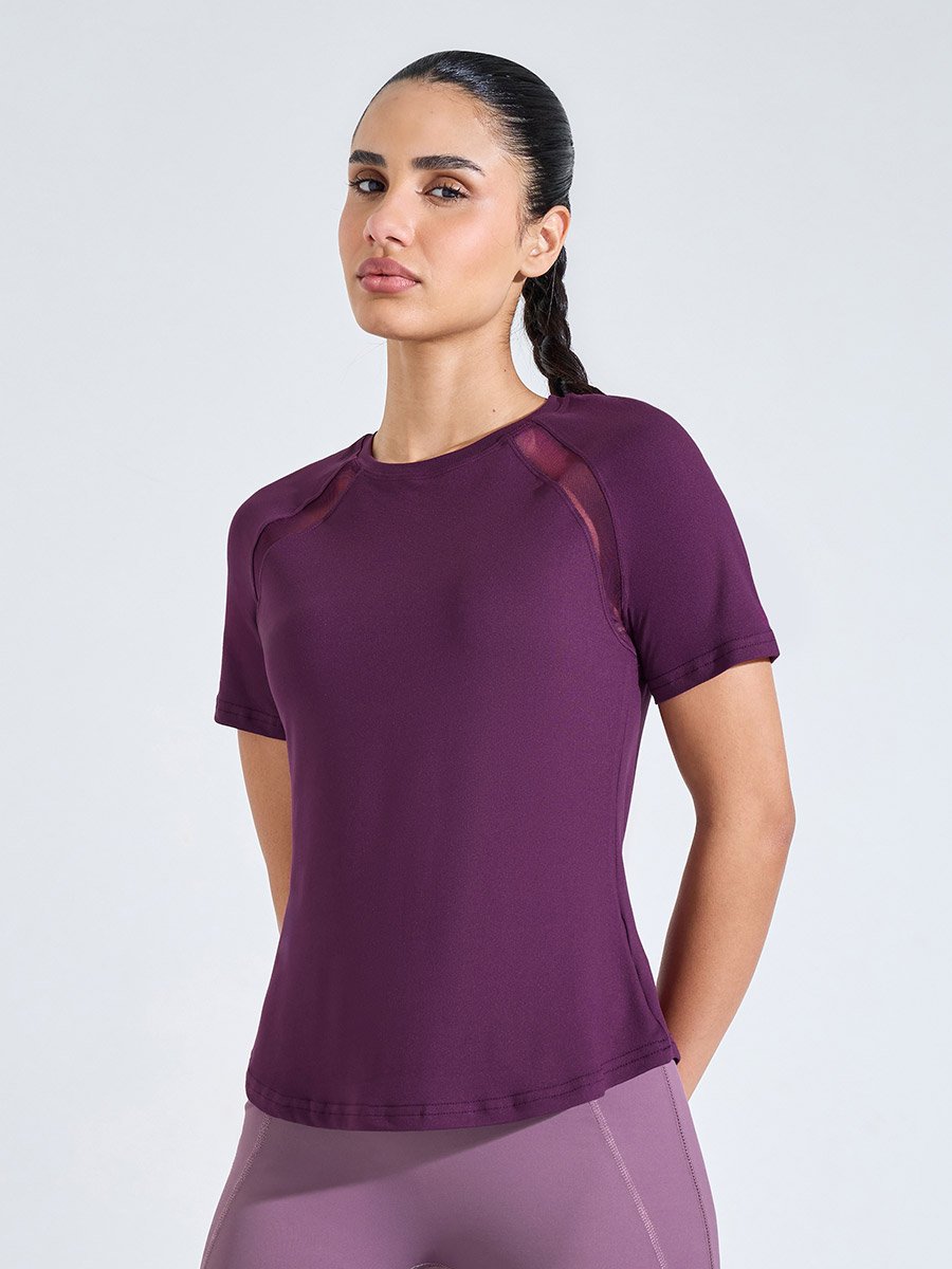 Purple Solid Activewear Top with Mesh Panels