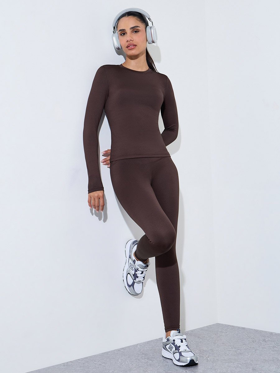 Brown Solid Long Sleeves Fitted Top and Leggings Activewear Set