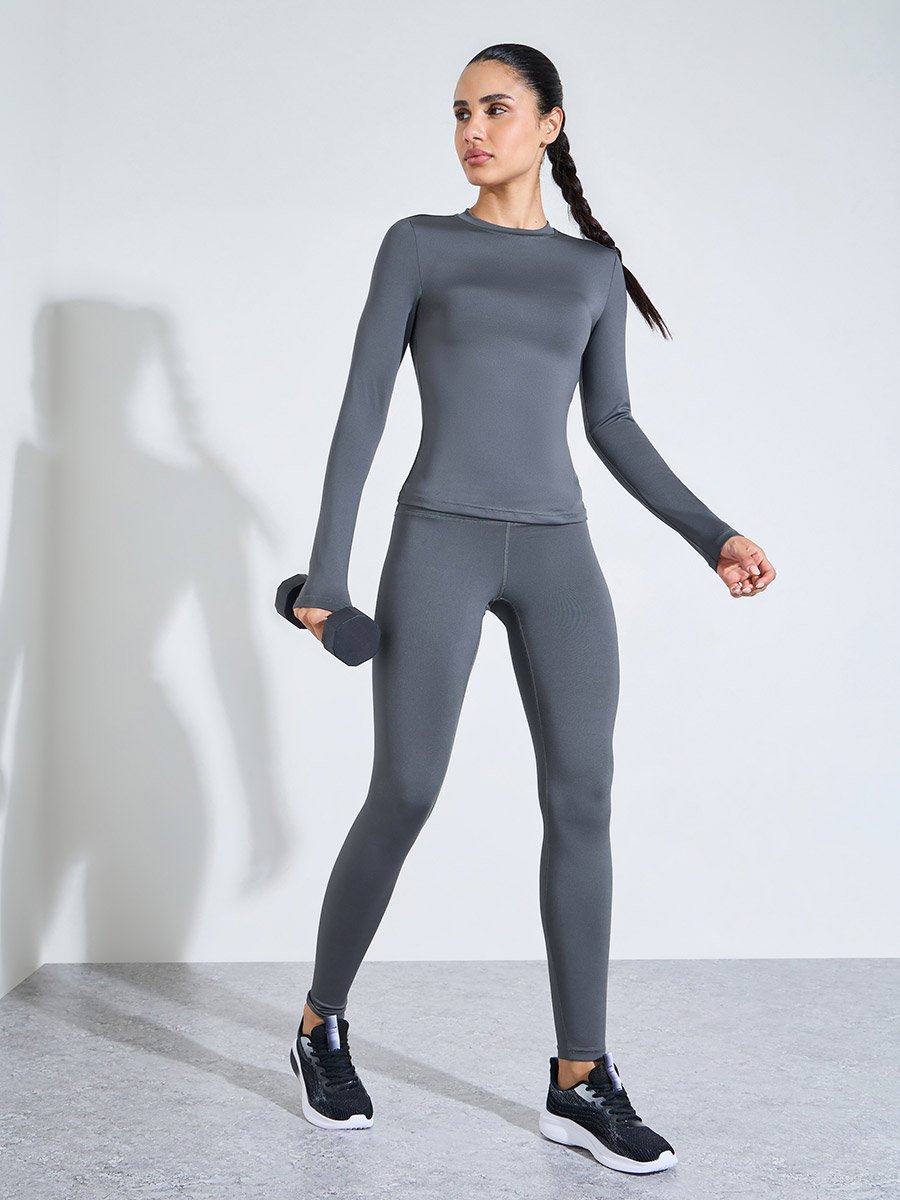 Charcoal Solid Long Sleeves Fitted Top and Leggings Activewear Set