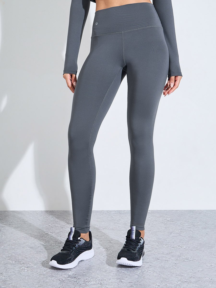 Charcoal Solid Long Sleeves Fitted Top and Leggings Activewear Set