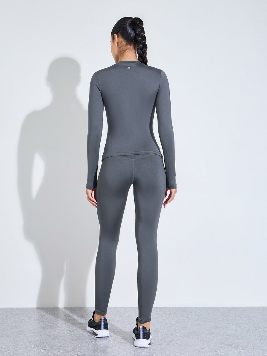 Charcoal Solid Long Sleeves Fitted Top and Leggings Activewear Set