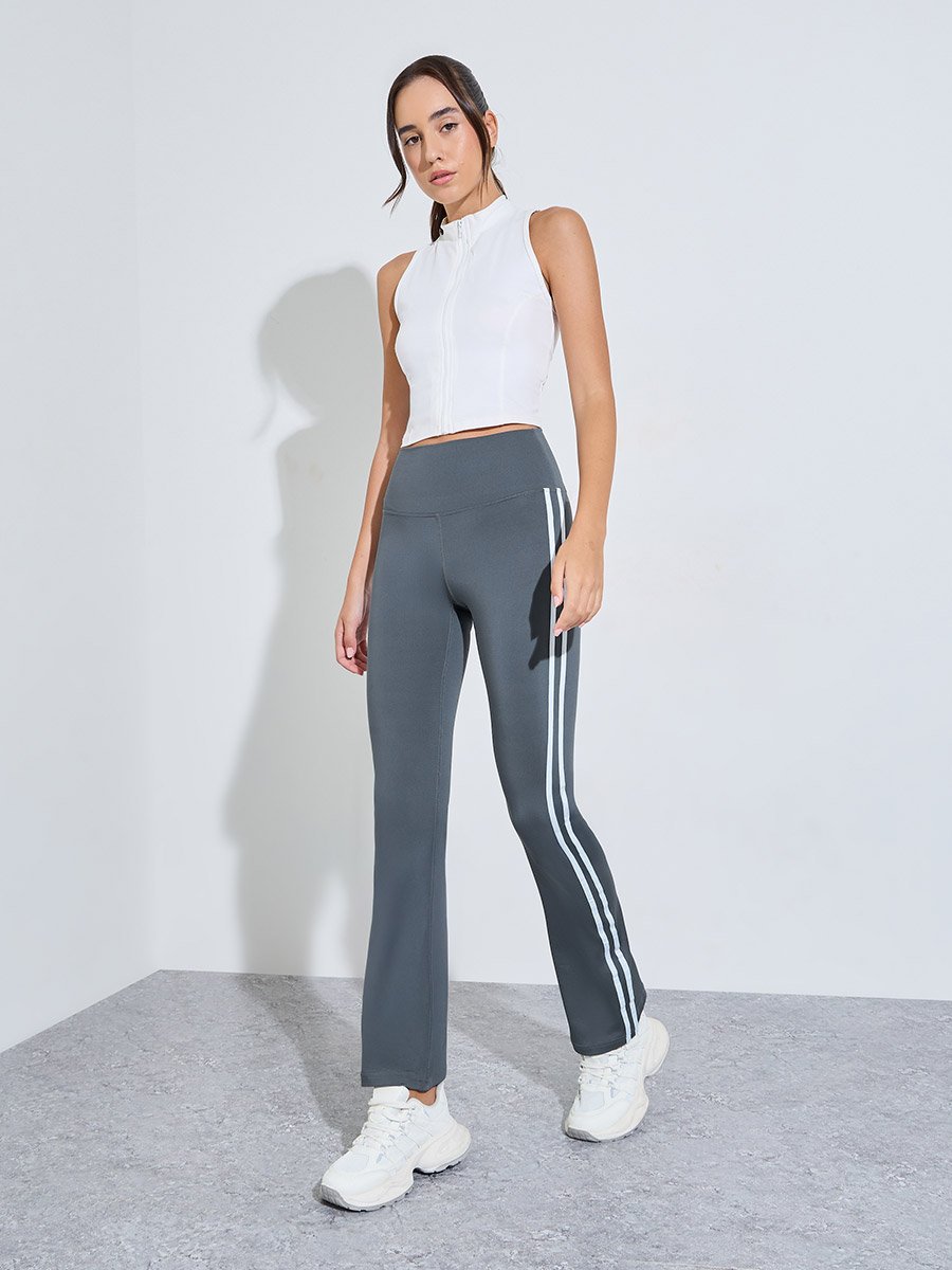 Charcoal Logo Dual Stripe Broad Waistband Flared Leggings