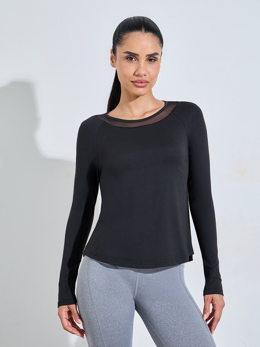 Black Long Sleeve Active Top with Mesh Neck Detail