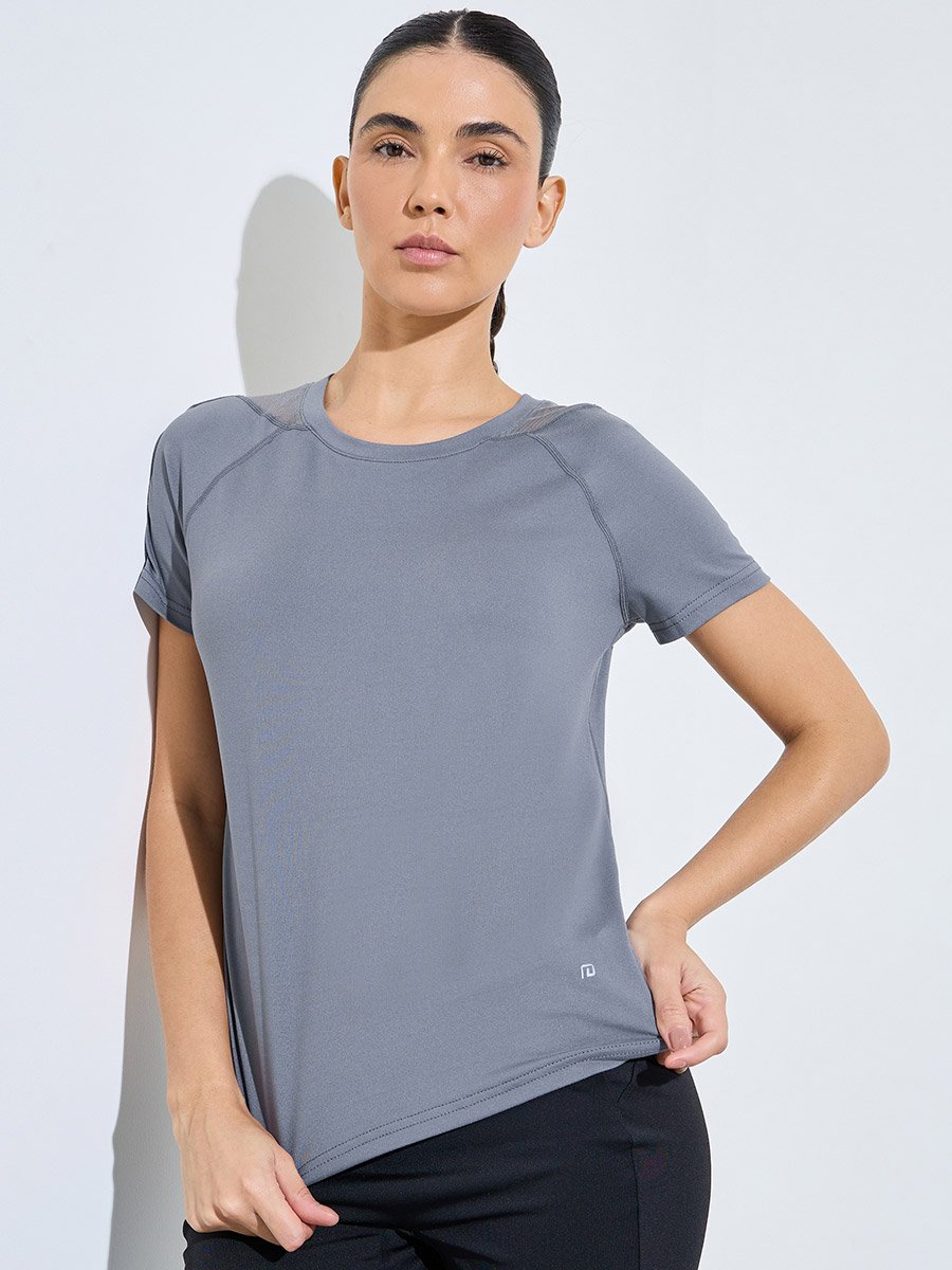 Grey Solid Logo Racerback Mesh Insert SS T-Shirt