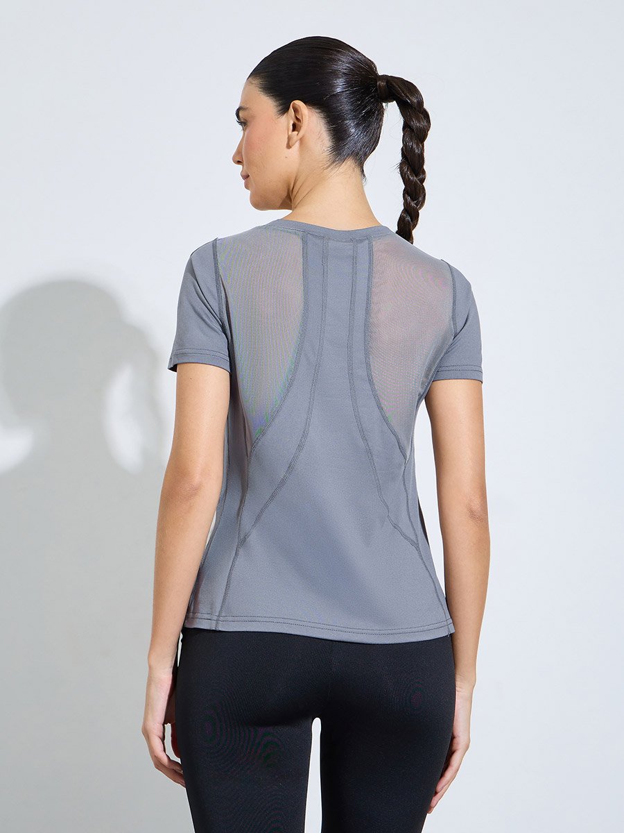 Grey Solid Logo Racerback Mesh Insert SS T-Shirt