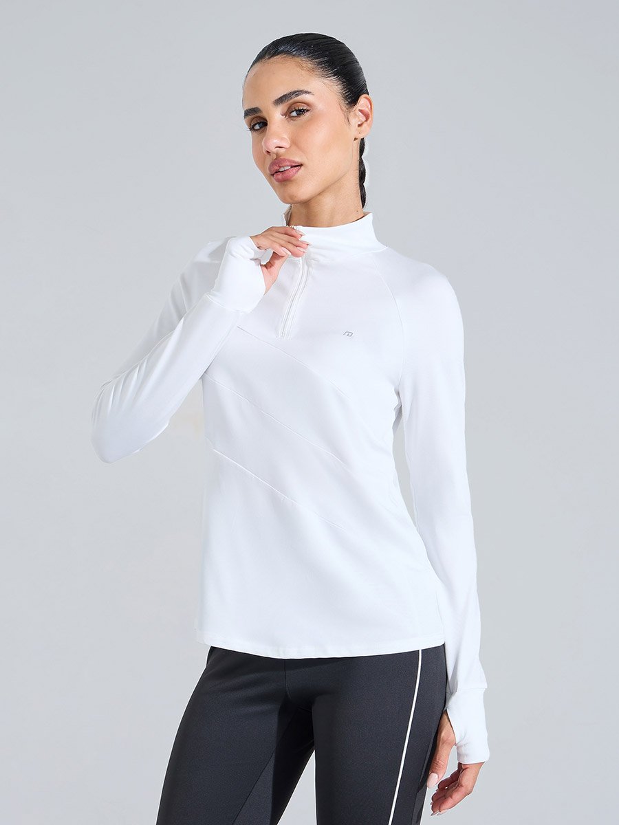 White Solid High Neck Half-Zip Activewear Top with Thumbholes