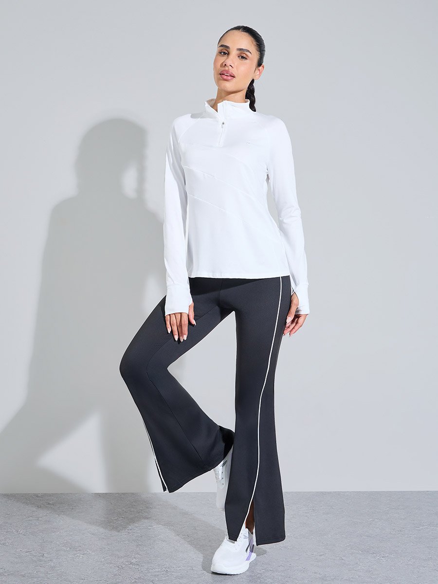 White Solid High Neck Half-Zip Activewear Top with Thumbholes