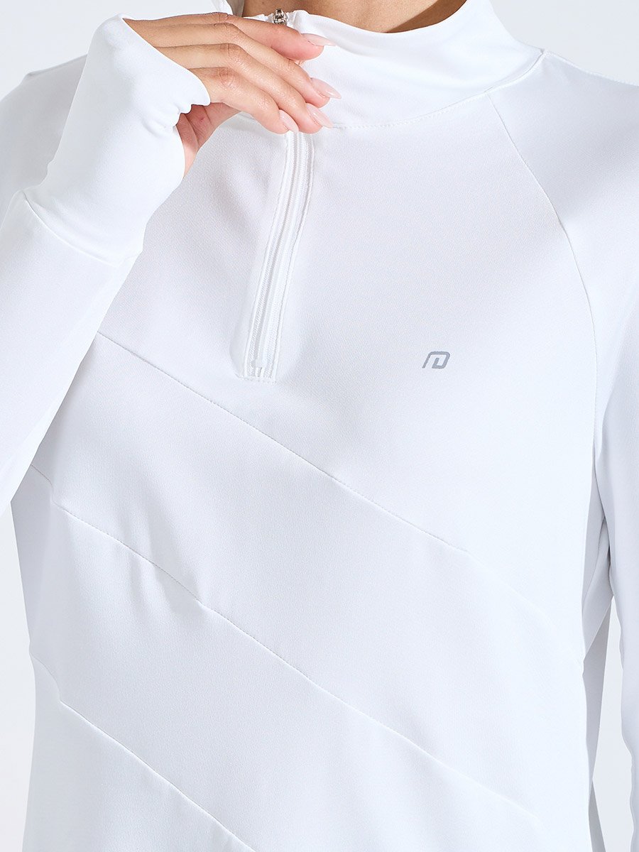 White Solid High Neck Half-Zip Activewear Top with Thumbholes