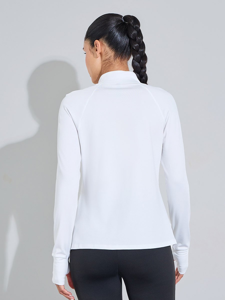 White Solid High Neck Half-Zip Activewear Top with Thumbholes
