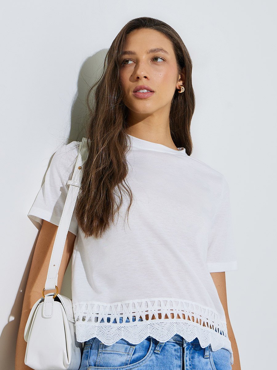 White Regular Fit T-Shirt with Lace Hem