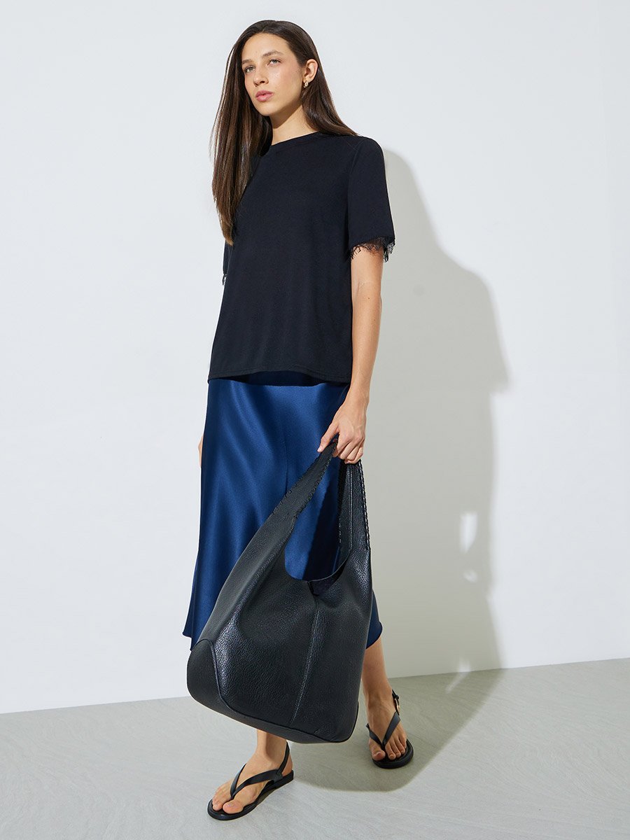 Black Round Neck T-Shirt with Lace Trim