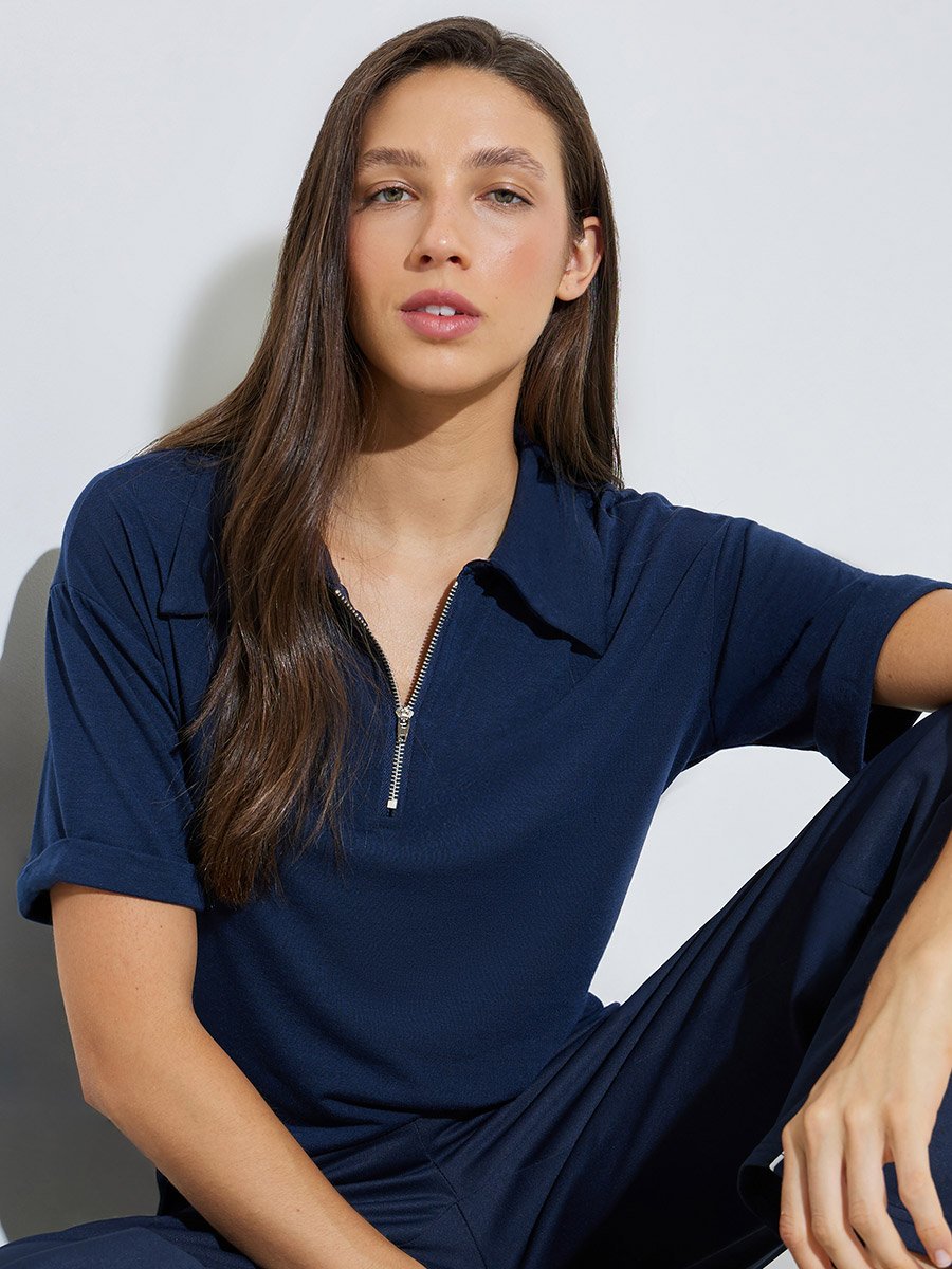 Dark Blue Solid Polo T-Shirt with Quarter-Zip