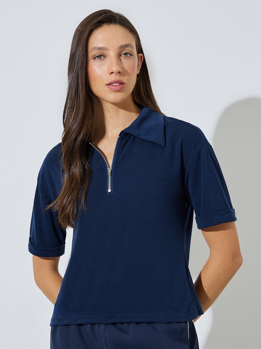 Dark Blue Solid Polo T-Shirt with Quarter-Zip