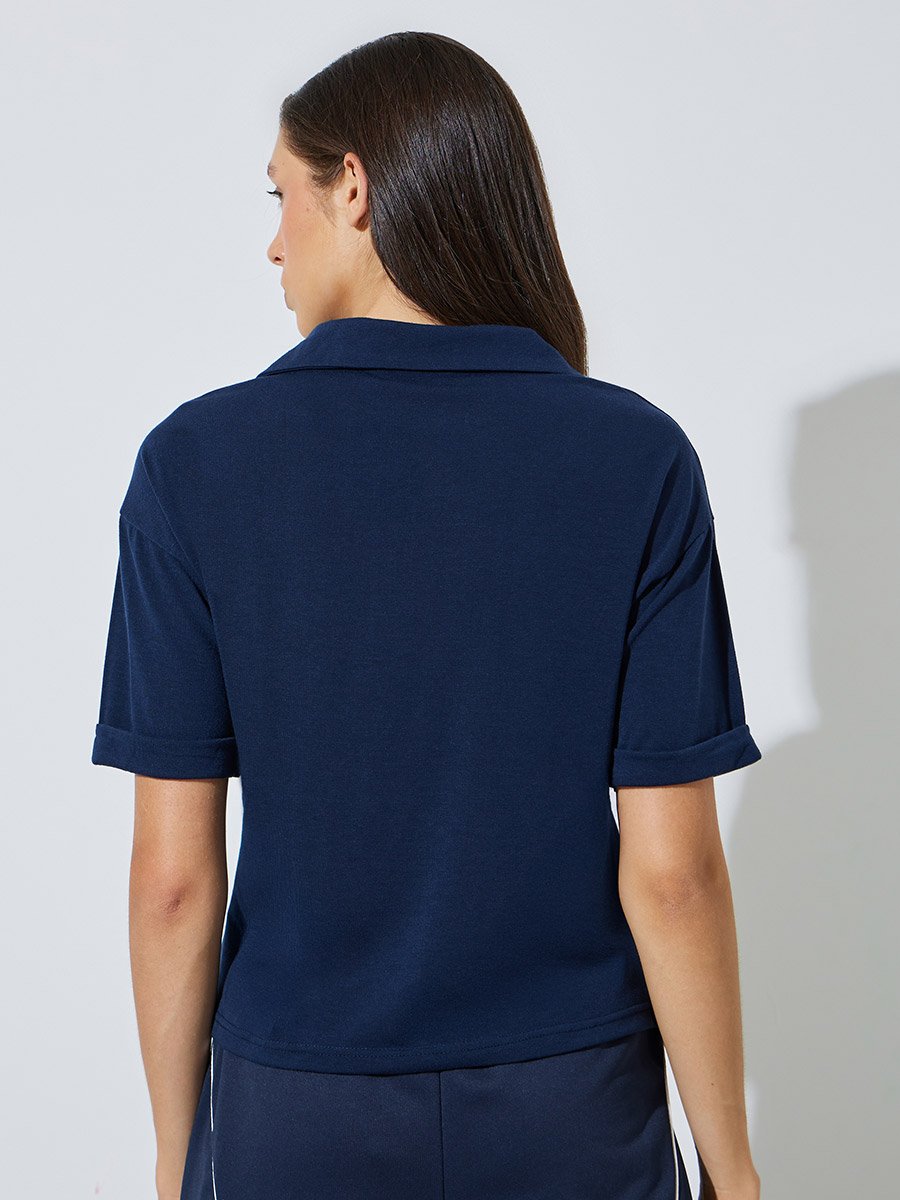 Dark Blue Solid Polo T-Shirt with Quarter-Zip