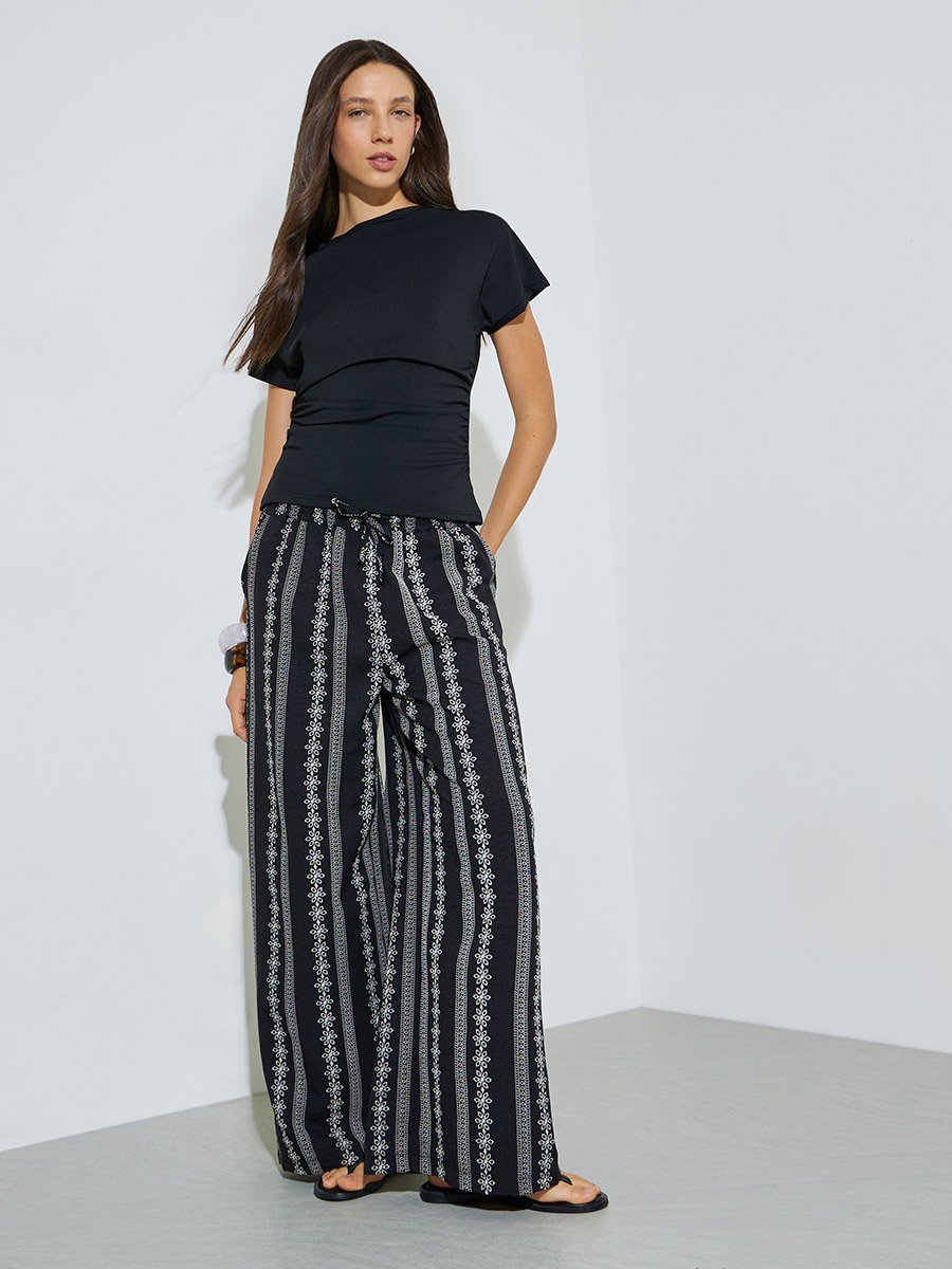 Black Wide Leg Embroidered Palazzo Pants